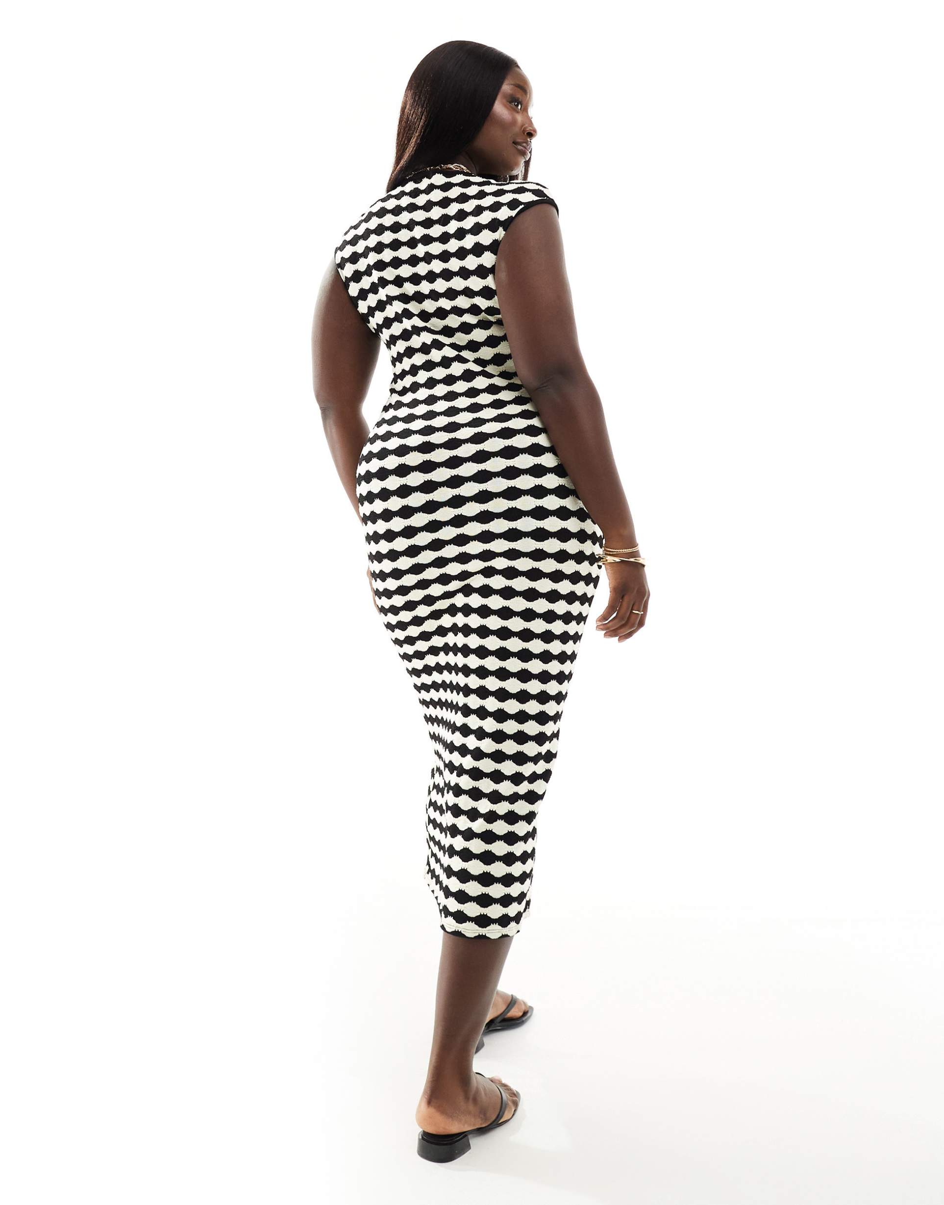 asos design curve crochet stripe midi dress with grown on sleeves in black and white