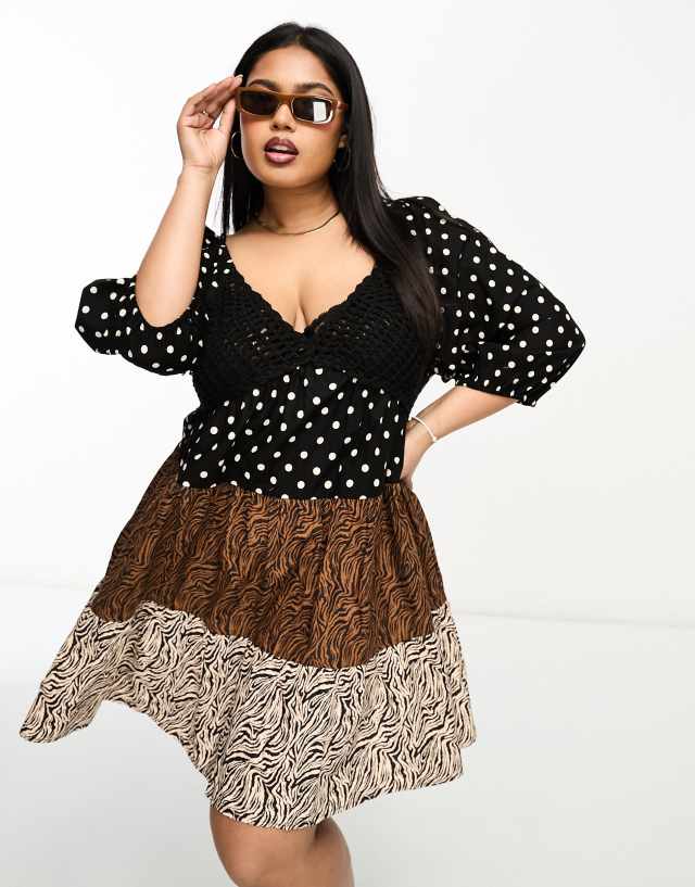 ASOS DESIGN Curve crochet tiered babydoll mini dress in mixed animal print