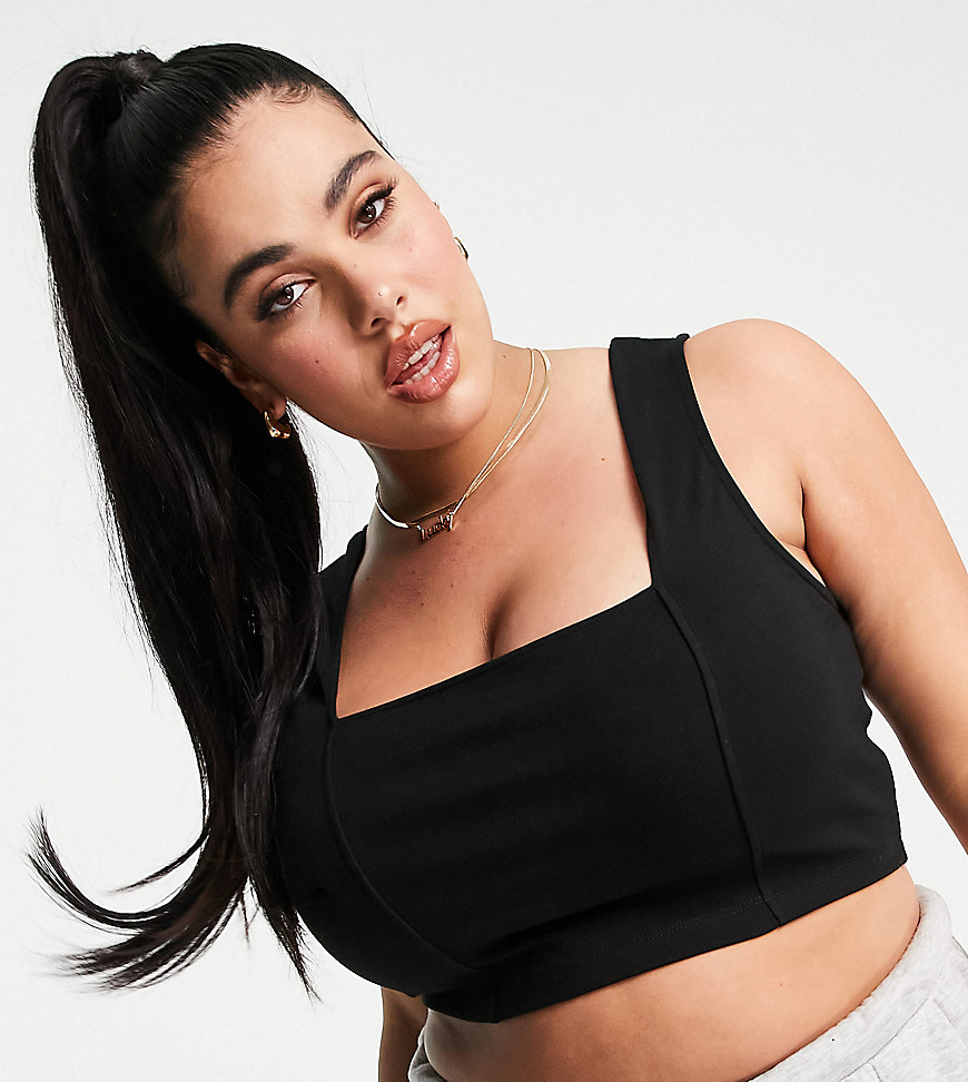 ASOS DESIGN Curve crop cami top with square neck and seam detail in black