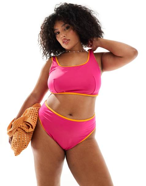 ASOS DESIGN Curve - Crop top de bikini à bords contrastants - Rose - view 1