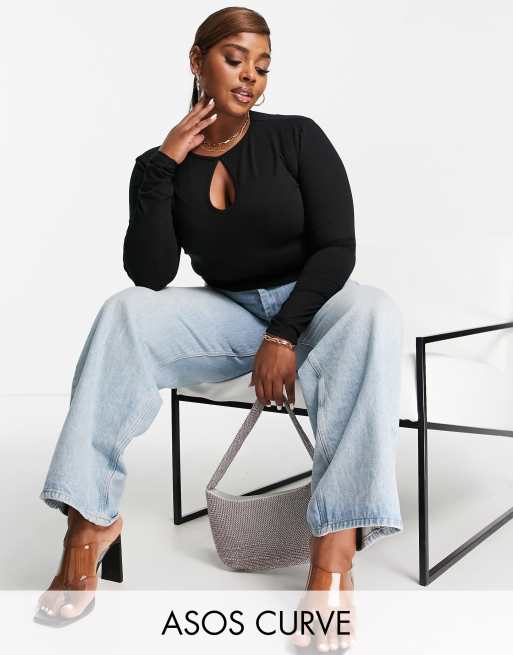 ASOS DESIGN Curve - Crop top met lange mouwen en keyhole-uitsnijding in zwart