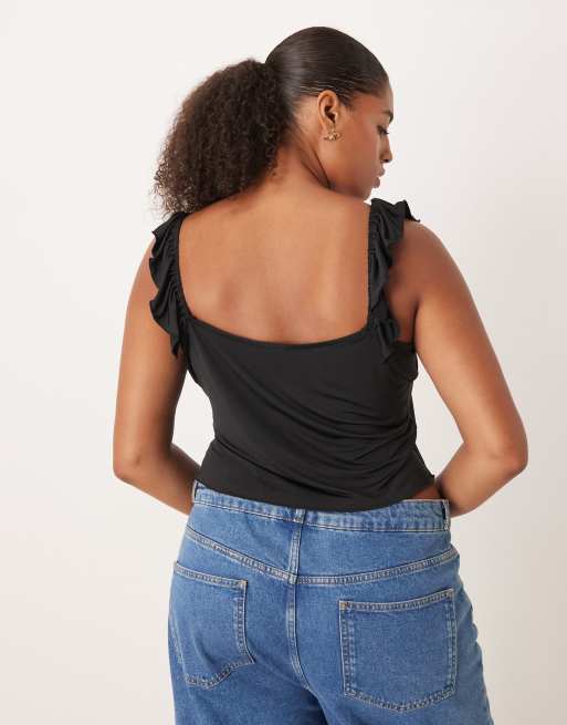 ASOS DESIGN Curve - Crop top près du corps à volants et encolure dégagée - Noir , 4 de 4