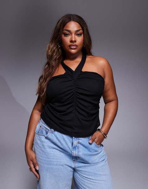 ASOS DESIGN Curve - Crop top sinuoso nero allacciato al collo con arricciature - view 1