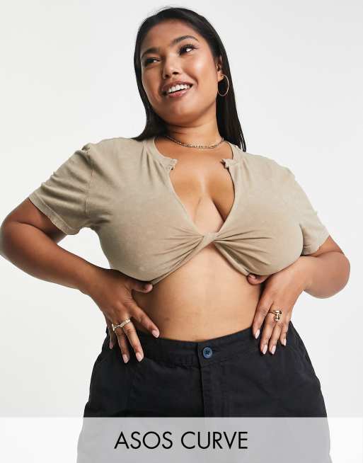 ASOS DESIGN Curve - Crop top slavato color pietra con dettaglio annodato