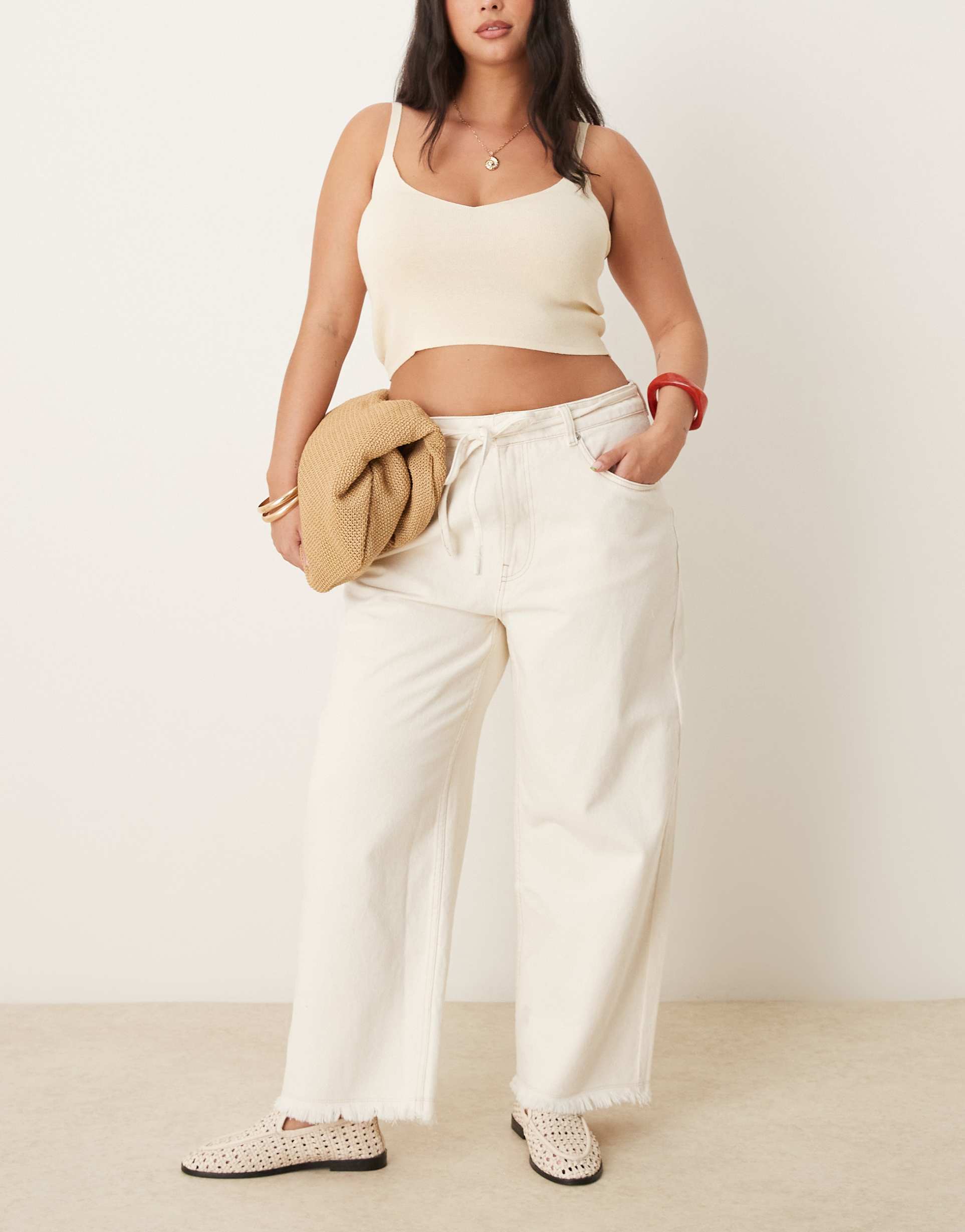 asos design curve crop wide leg dad jean with belt in ecru
