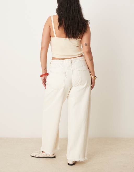 ASOS DESIGN Curve crop wide leg dad jean with belt in ecru, 2 of 5