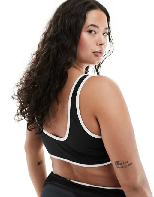 ASOS DESIGN Curve - Cropped bikinitopje met contrasterende biezen in zwart , 2 van 4
