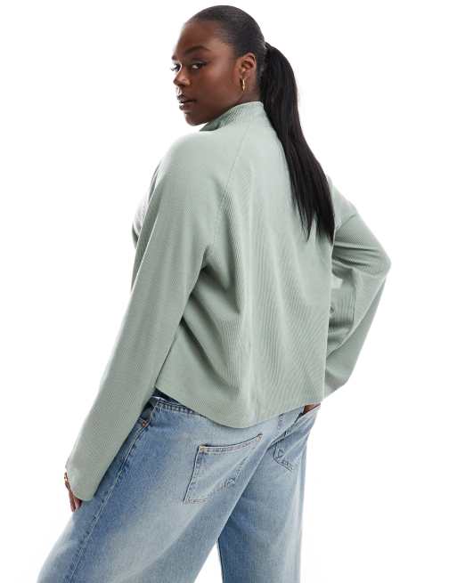 ASOS DESIGN Curve cropped boxy long sleeve waffle knit henley top