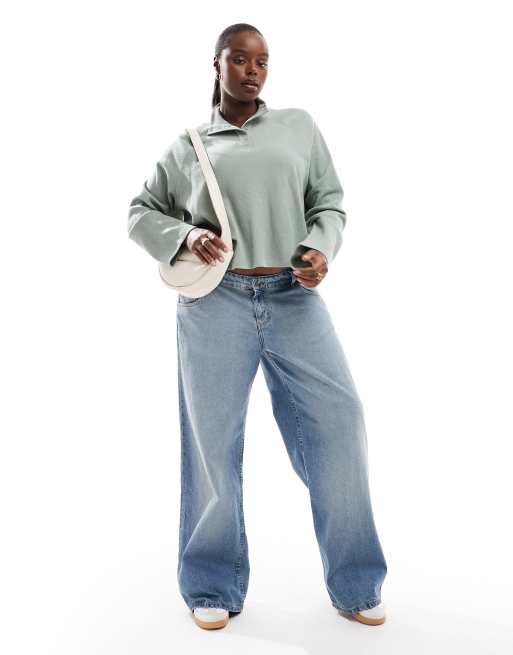 ASOS DESIGN Curve cropped boxy long sleeve waffle knit henley top