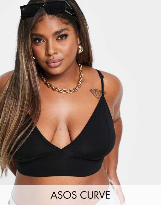 ASOS DESIGN Curve - Cropped bralette med v-hals i sort bomuldsblanding - BLACK