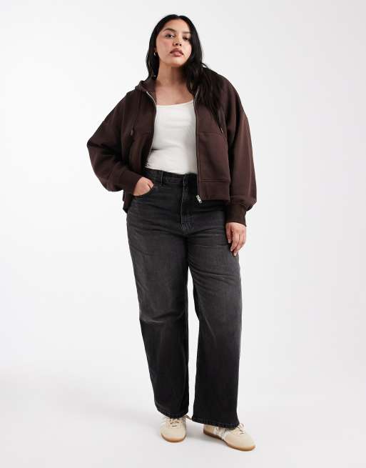 ASOS DESIGN - Curve - Cropped brushback hoodie met ritssluiting in chocoladebruin, 2 van 4