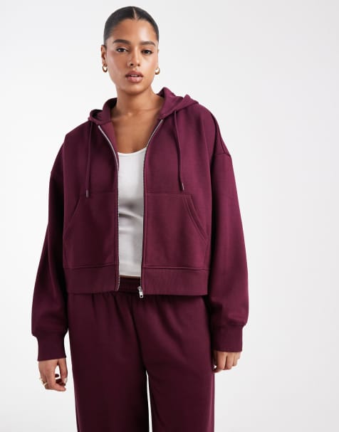 ASOS DESIGN Curve - Cropped brushback hoodie met ritssluiting in paars - view 1