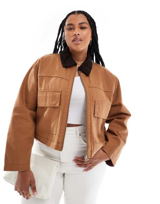 ASOS DESIGN Curve - Cropped canvas jack met zakken in toffeebruin