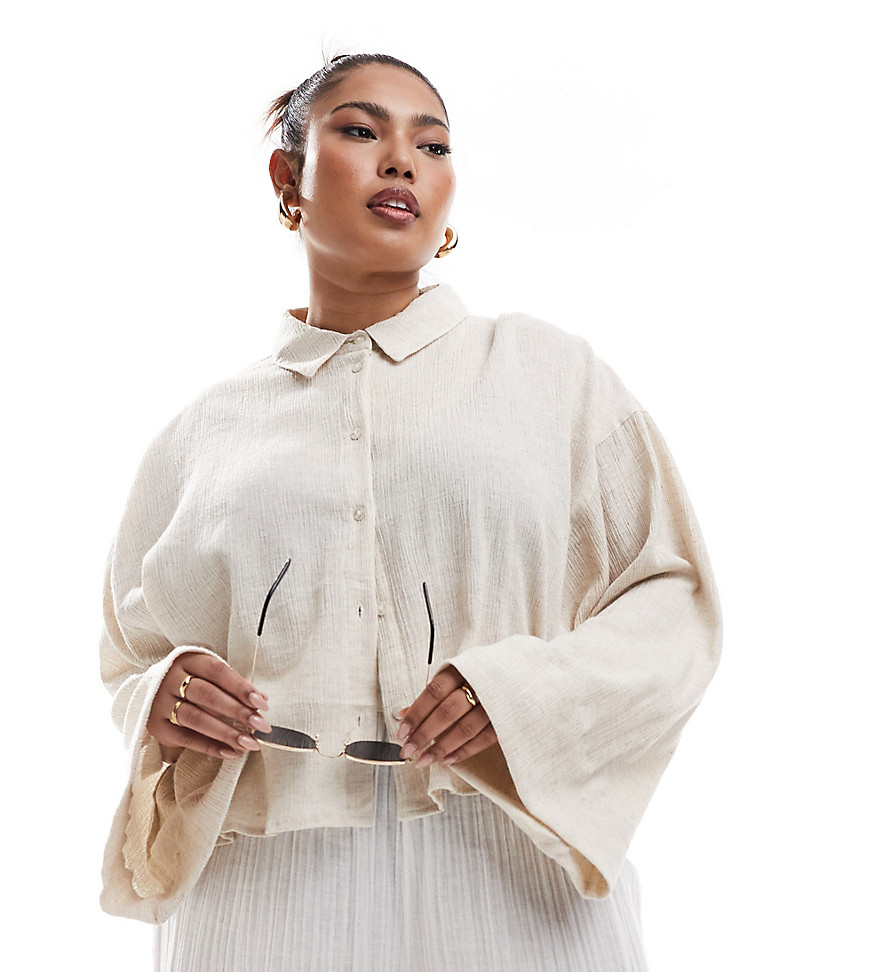 Asos Curve Asos Design Curve Cropped Crinkle Shirt In Oatmeal-neutral