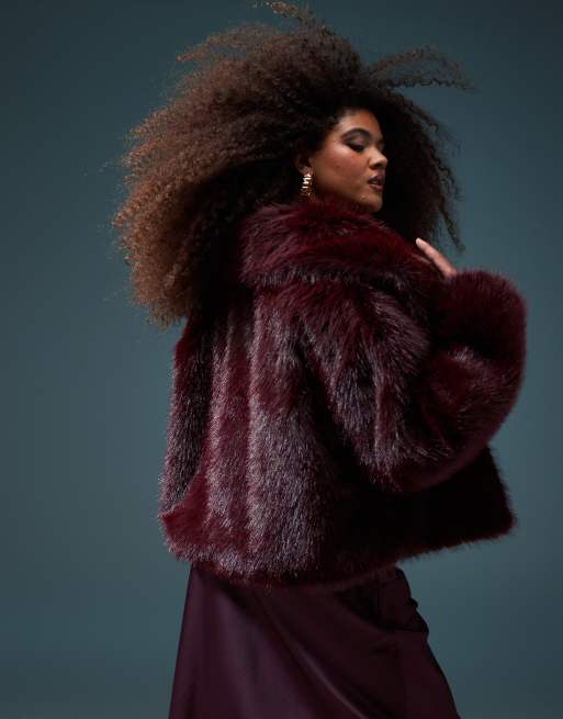 ASOS DESIGN Curve cropped faux fur jacket in burgundy, 3 of 4