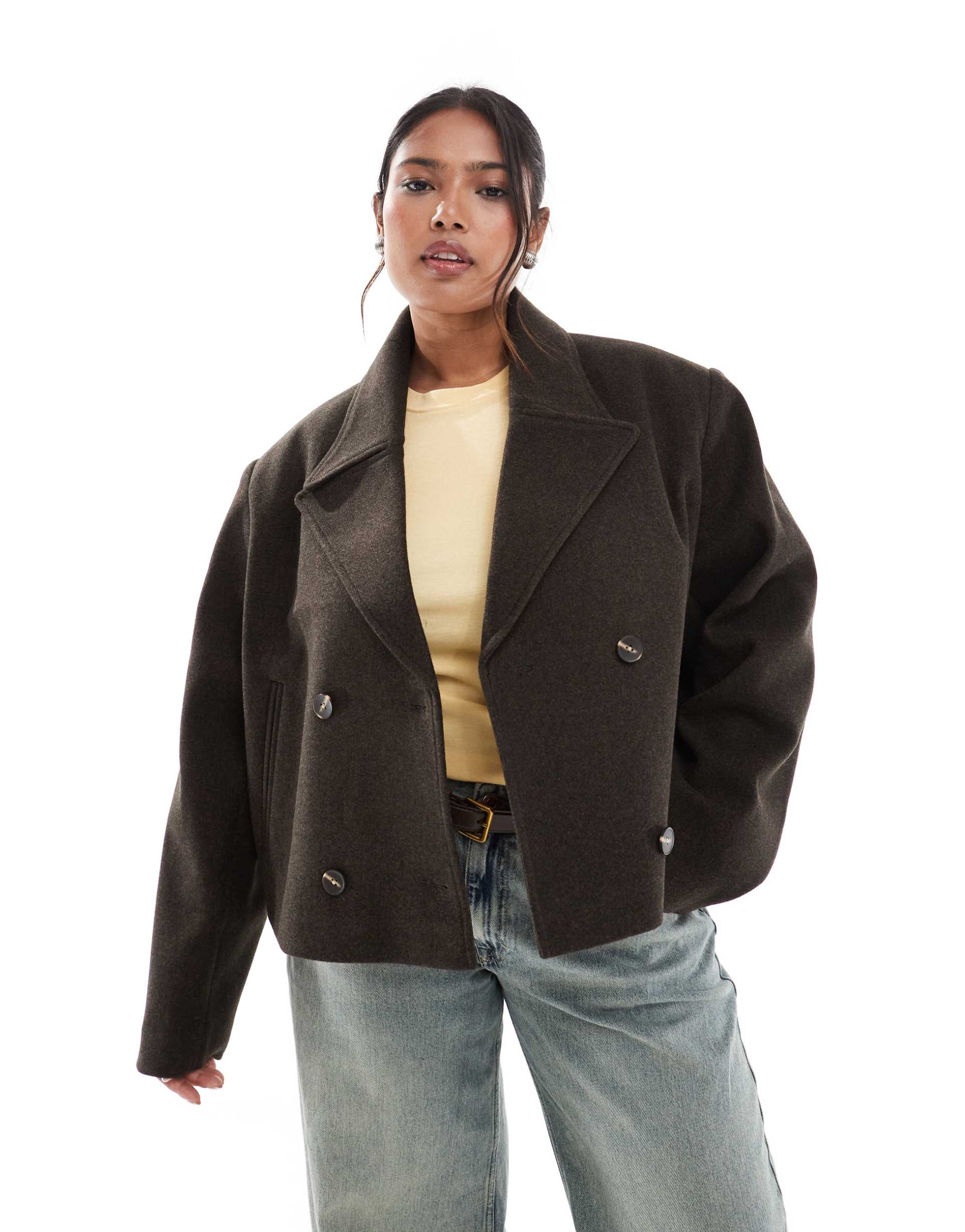 asos design curve cropped formal pea coat in chocolate