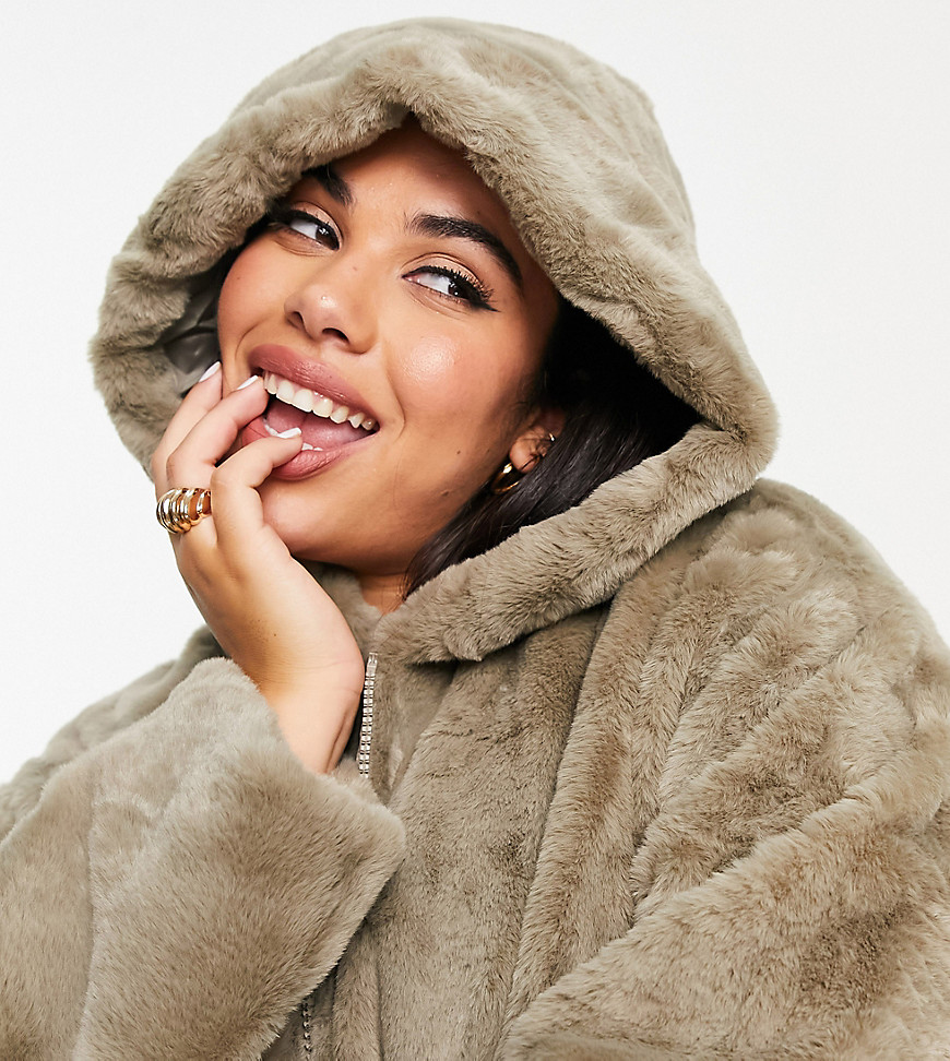 ASOS DESIGN Curve cropped hooded faux fur in light khaki-White