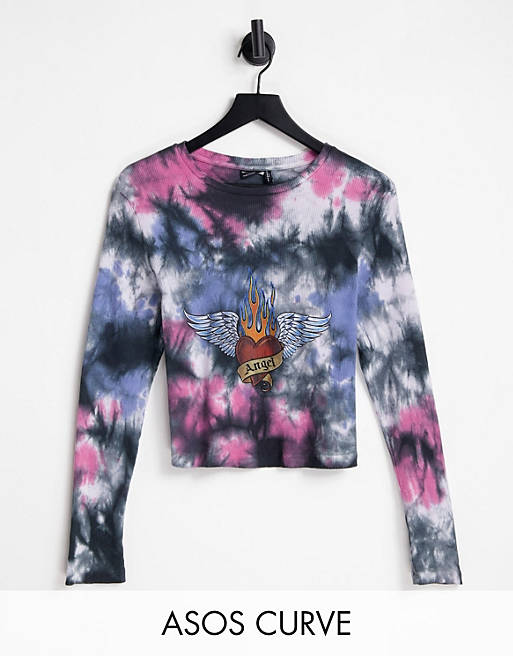 Tops Curve cropped long sleeve t-shirt in tie-dye with tattoo front print 