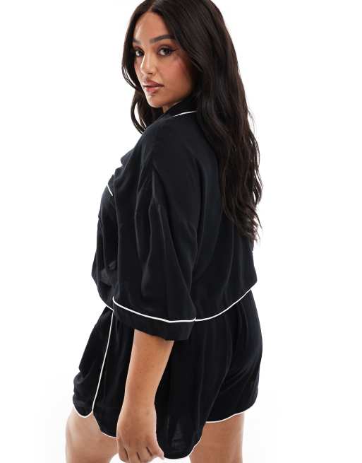 ASOS DESIGN Curve - Cropped pyjama-overhemd met contrasterende biezen in zwart, 3 van 4