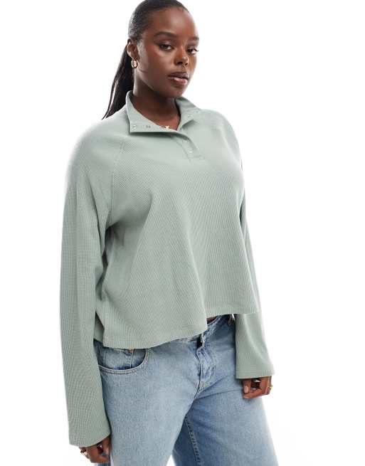 ASOS DESIGN Curve - Cropped rechte henley top met lange mouwen en wafelstructuur in saliegroen
