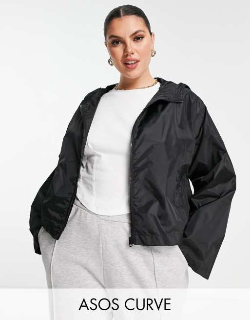 ASOS DESIGN Curve - Cropped regenjack met capuchon in zwart