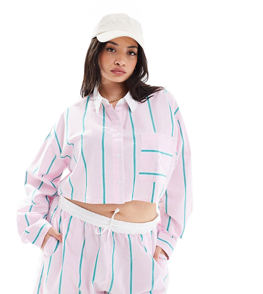 ASOS DESIGN Curve cropped shirt with contrast collar in pink stripe