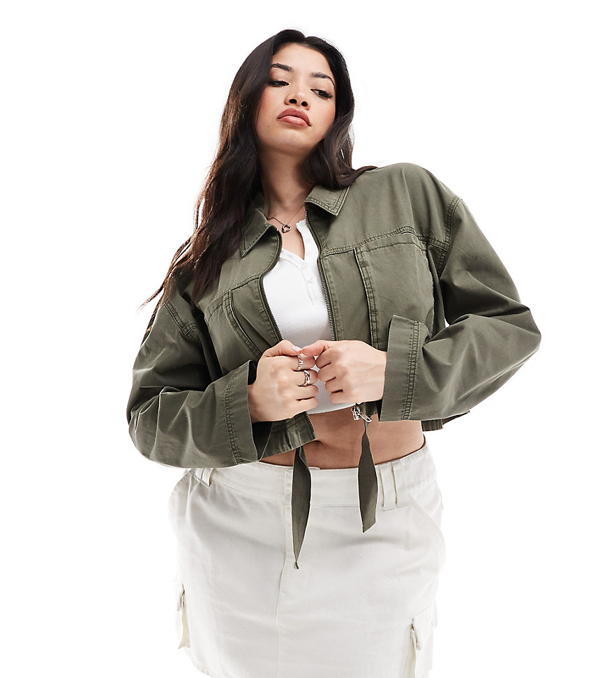 ASOS DESIGN Curve cropped shirt with utility pockets in washed khaki-Green
