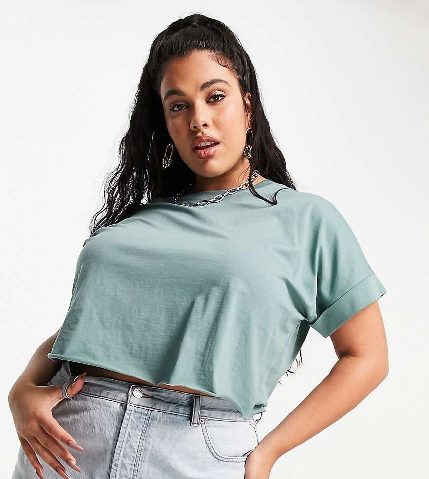 ASOS DESIGN Curve cropped t-shirt with roll sleeve in teal-Green