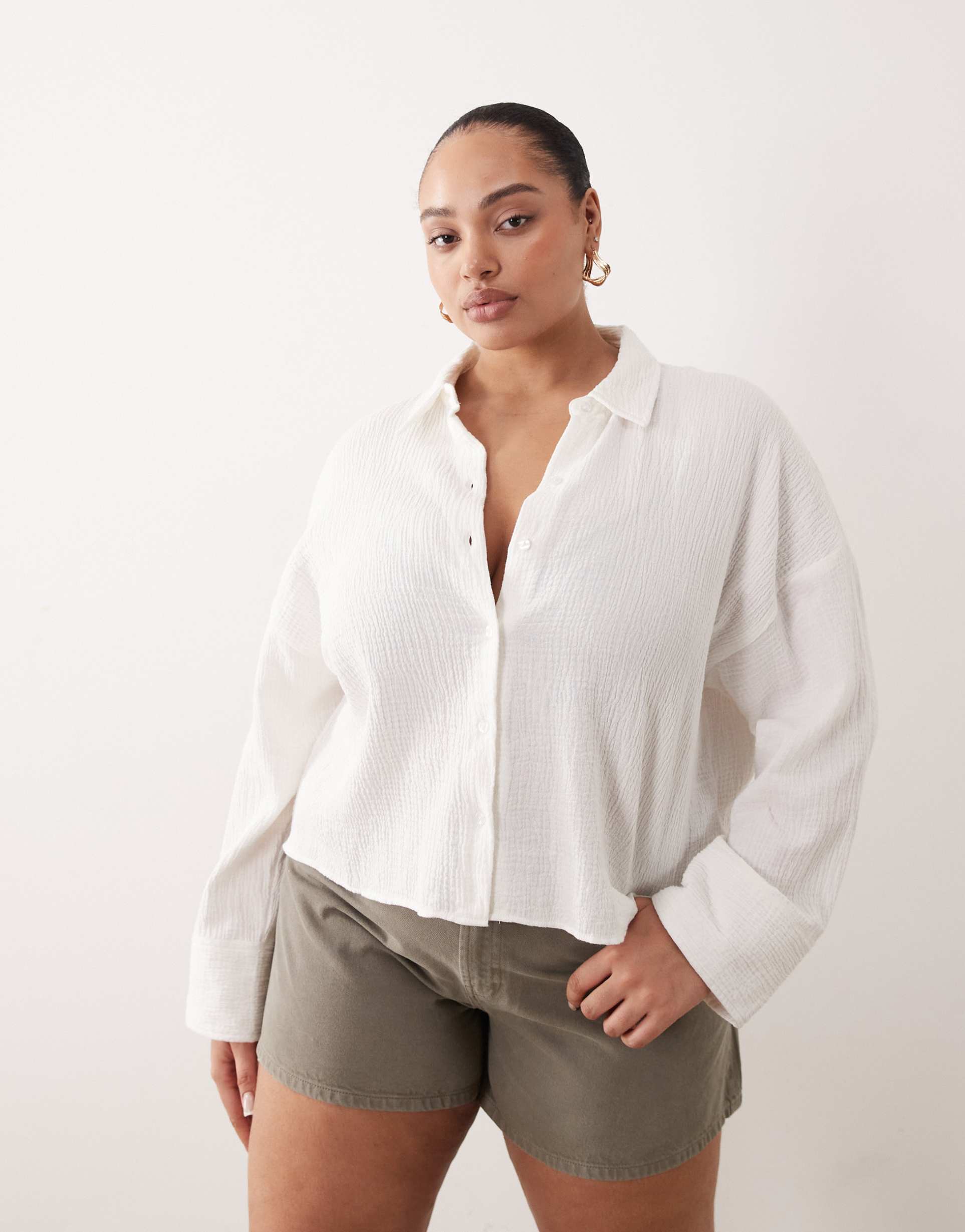 asos design curve cropped textured cotton shirt in ivory