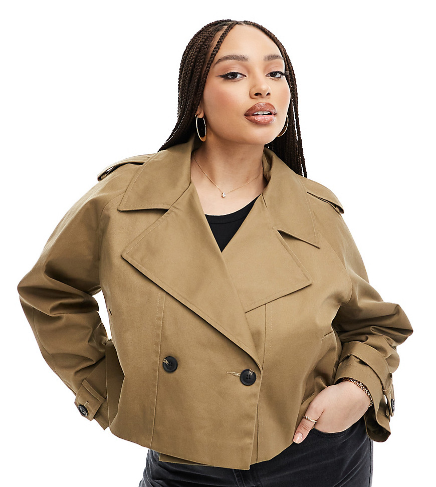 ASOS DESIGN Curve cropped trench coat in olive-Neutral