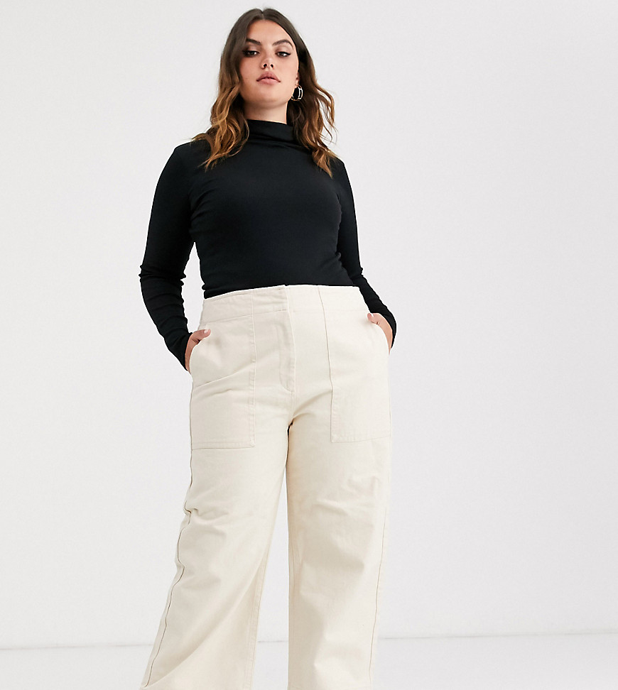 ASOS DESIGN Curve Cropped wide leg carpenter jeans in ecru with contrast stitch-Cream