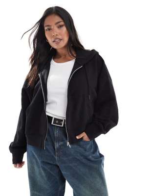 ASOS Curve ASOS DESIGN Curve cropped zip through brushback hoodie in black