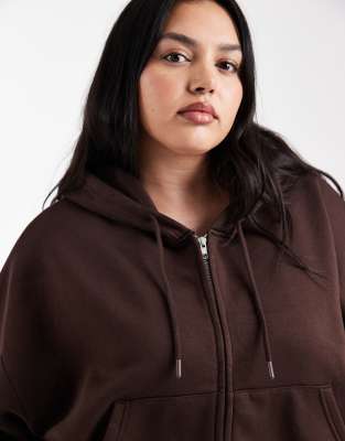 ASOS Curve ASOS DESIGN Curve cropped zip through brushback hoodie in chocolate brown