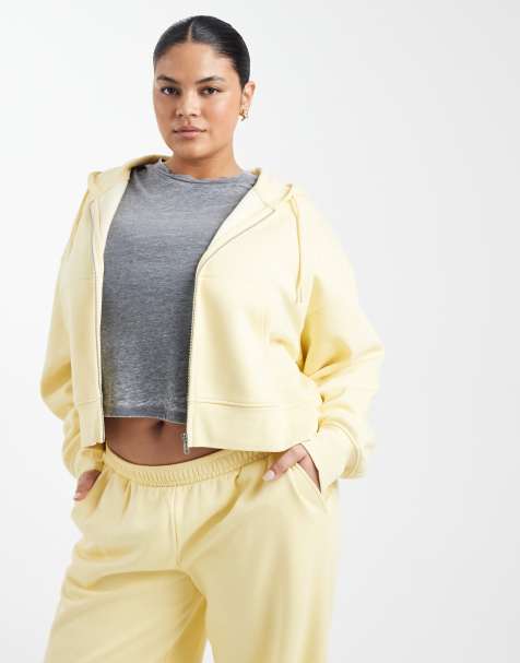 ASOS DESIGN Curve cropped zip through brushback hoodie in yellow - view 1