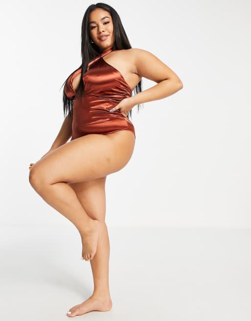 ASOS DESIGN Curve cross neck swimsuit in brown, 4 of 4