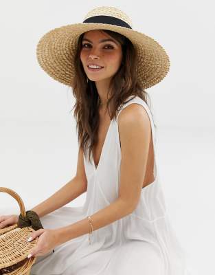 ASOS DESIGN curve crown flat brim natural straw hat-Brown