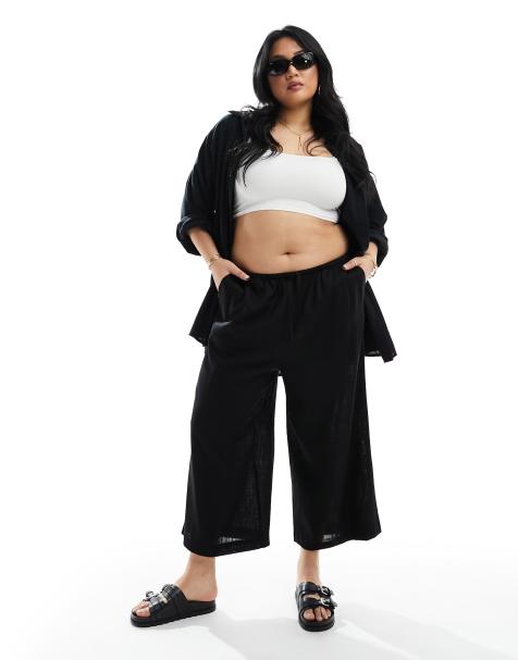 ASOS DESIGN Curve - Culotte van linnenmix met elastische taille in zwart - view 1