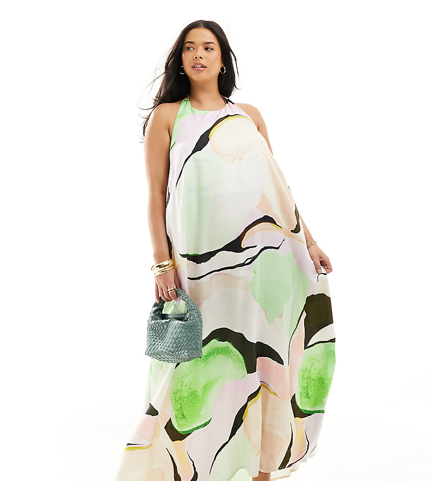 ASOS DESIGN Curve cupro clean halter maxi sundress in bright abstract print-Multi