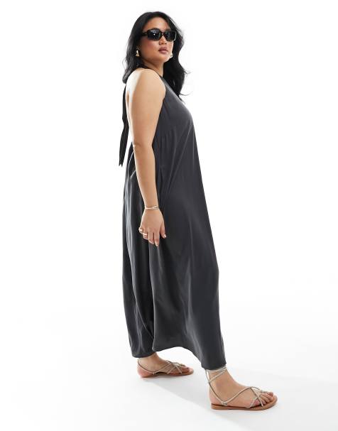 ASOS DESIGN Curve cupro clean halter maxi sundress in charcoal - view 1