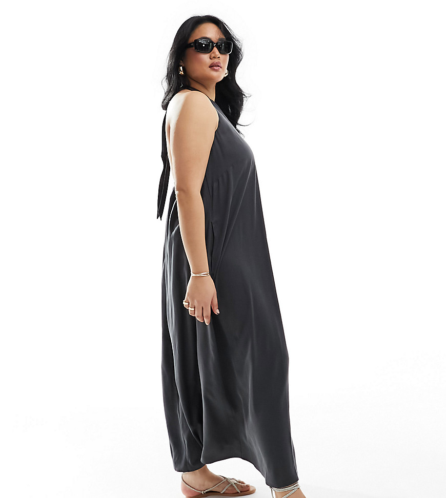 ASOS DESIGN Curve cupro clean halter maxi sundress in charcoal-Gray