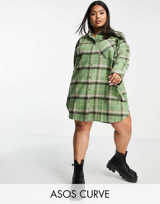 ASOS DESIGN Curve curved hem boyfriend mini shirt dress in check