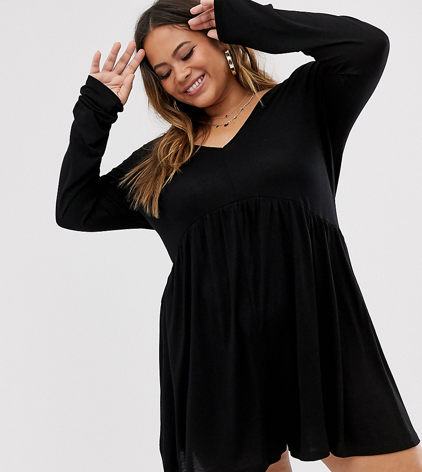 ASOS DESIGN Curve curved smock playsuit with long sleeves-Black