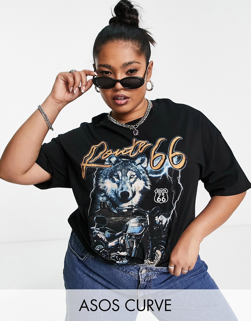 ASOS DESIGN Curve cut off T-shirt with route 66 graphic print in black