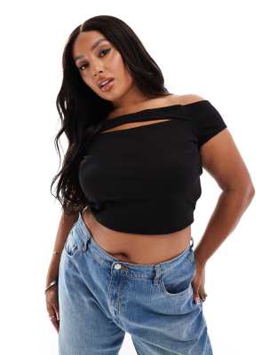 Asos Curve Asos Design Curve Cut-out Bardot Short Sleeve Crop Top In Black