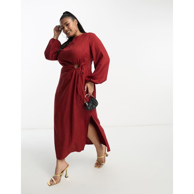 ASOS DESIGN Curve cut out waist long sleeve midi dress in burgundy