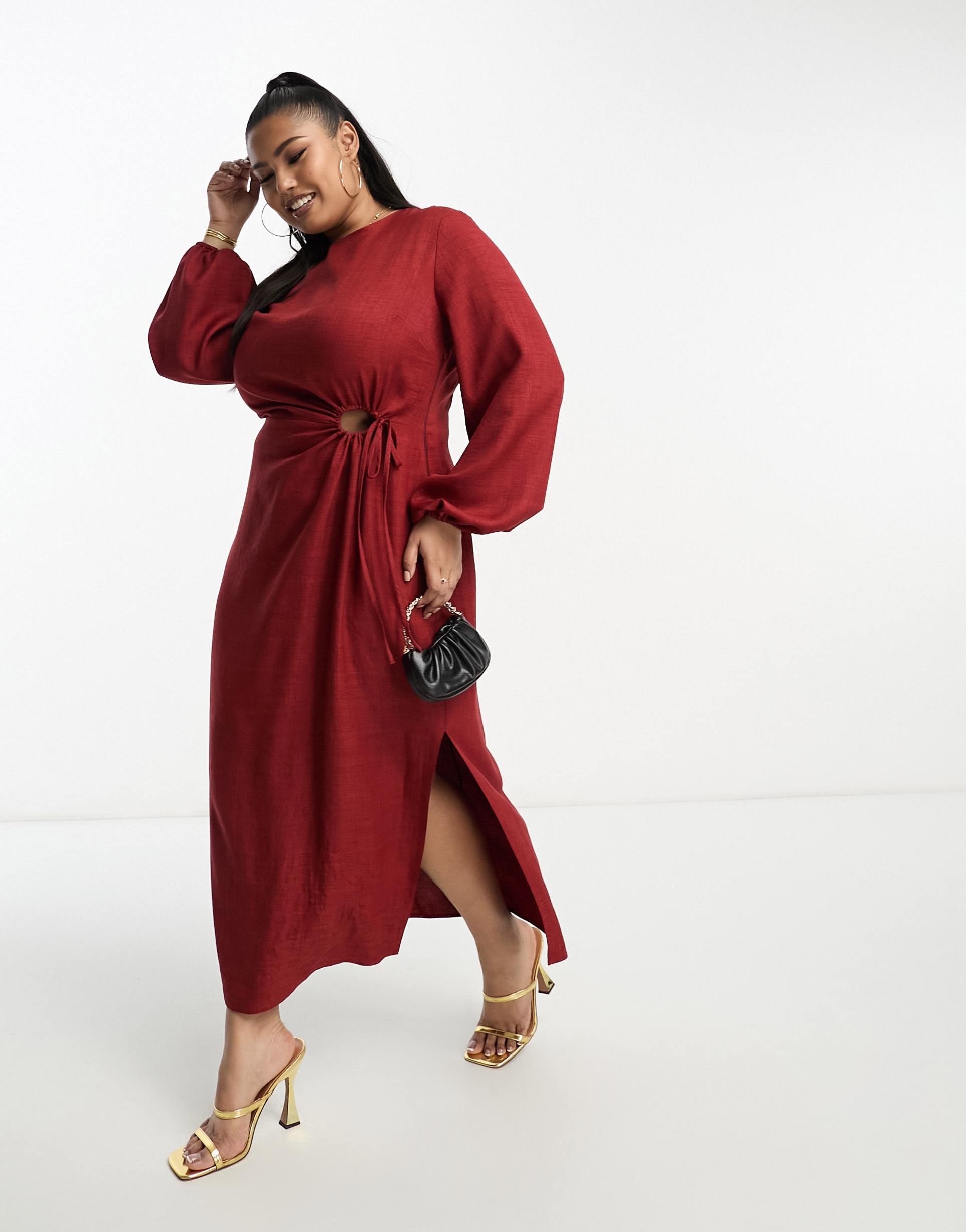 asos design curve cut out waist long sleeve midi dress in burgundy