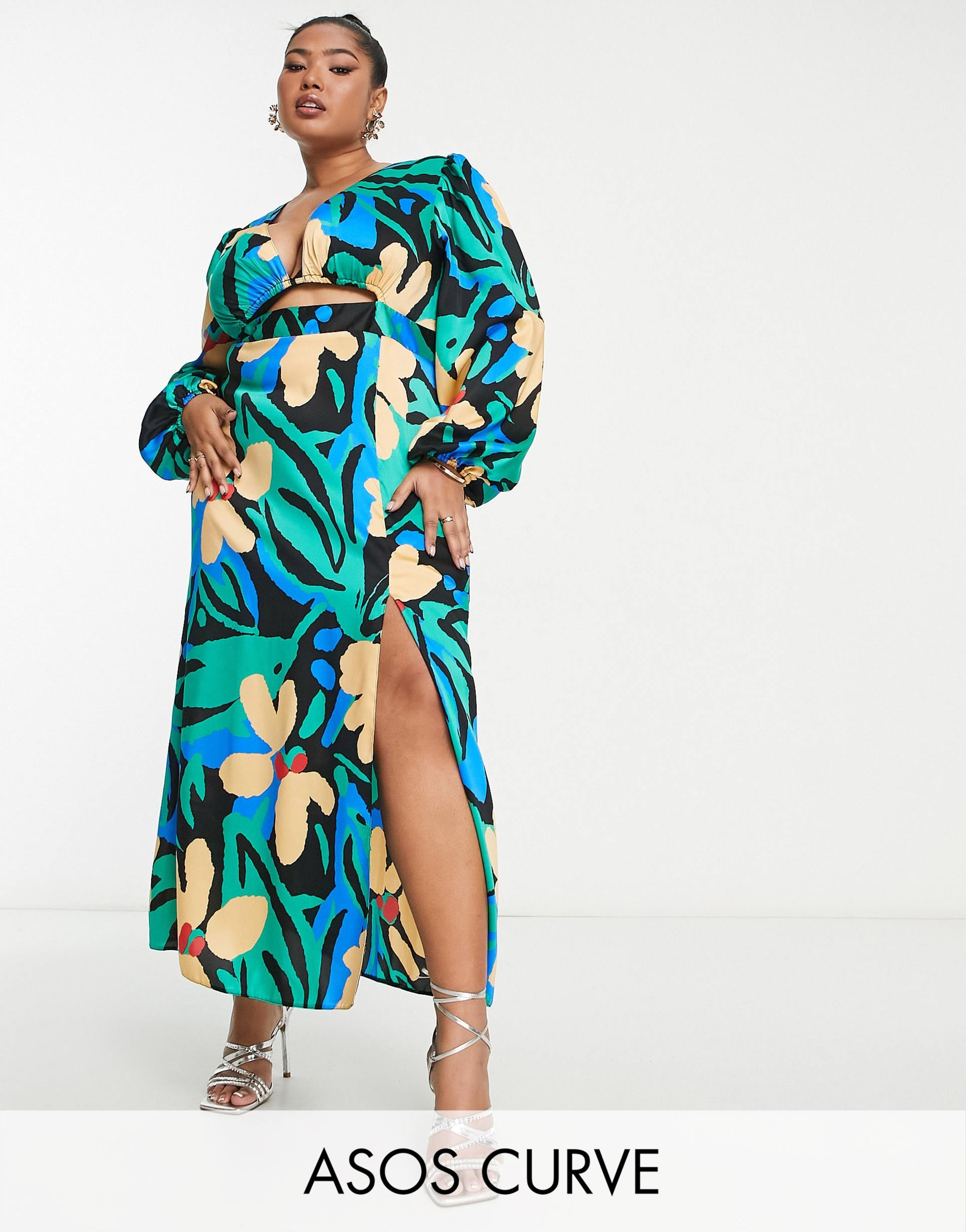 asos design curve cutout satin midi dress in bright abstract print
