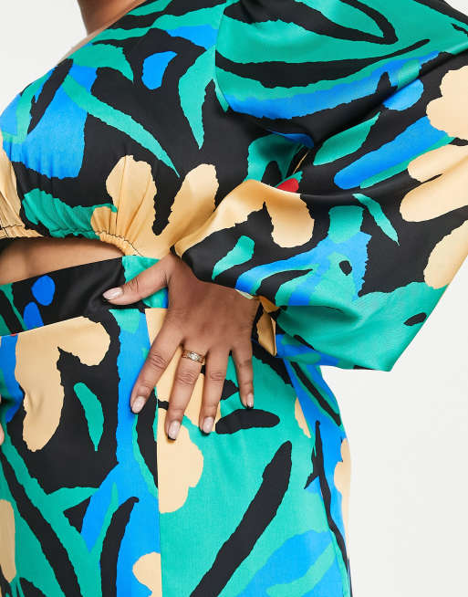 ASOS DESIGN Curve cutout satin midi dress in bright abstract print, 3 of 4