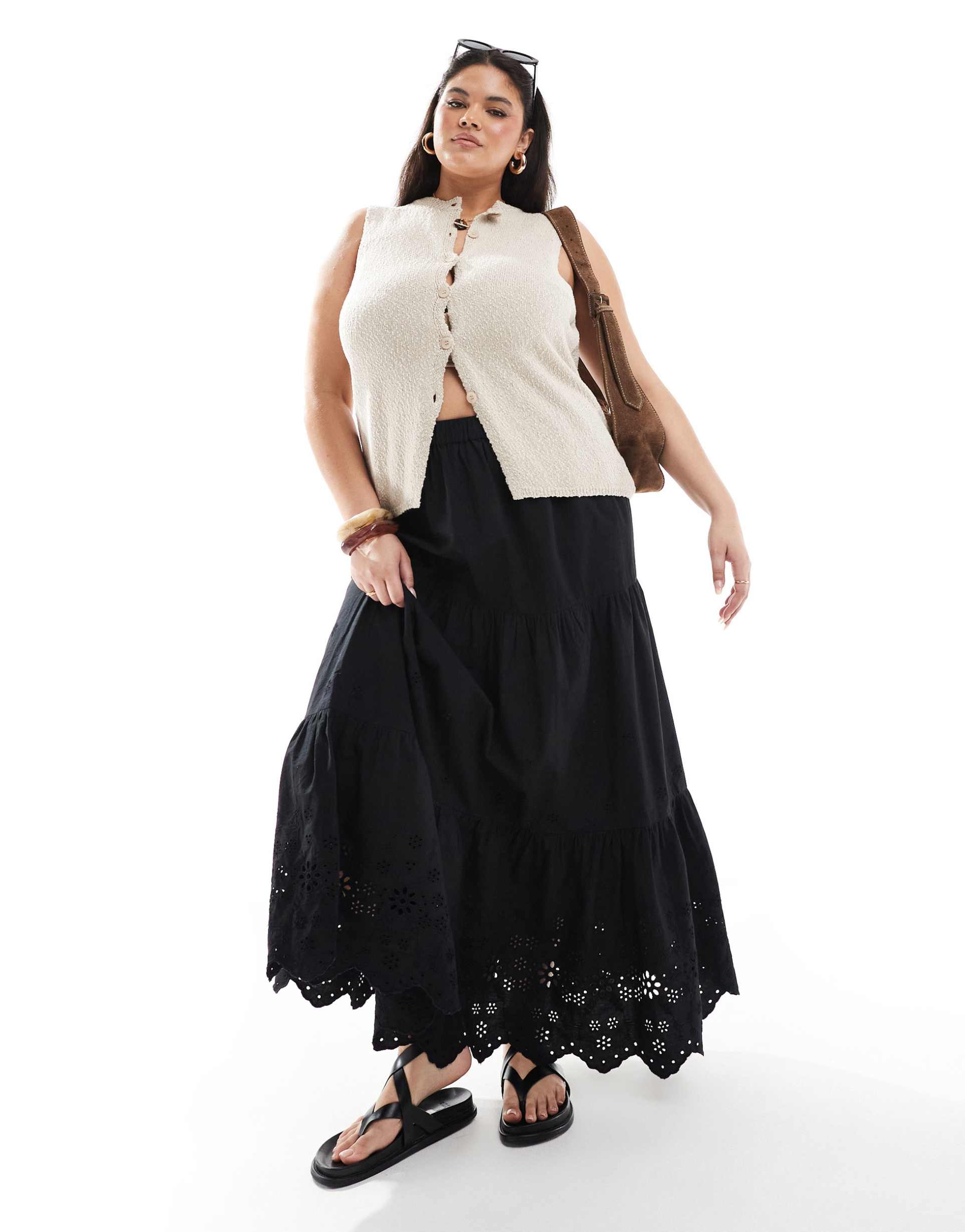 asos design curve cutwork cotton maxi skirt in black