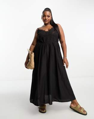 Asos Design Curve Cutwork Detail Midi Skater Sundress In Black